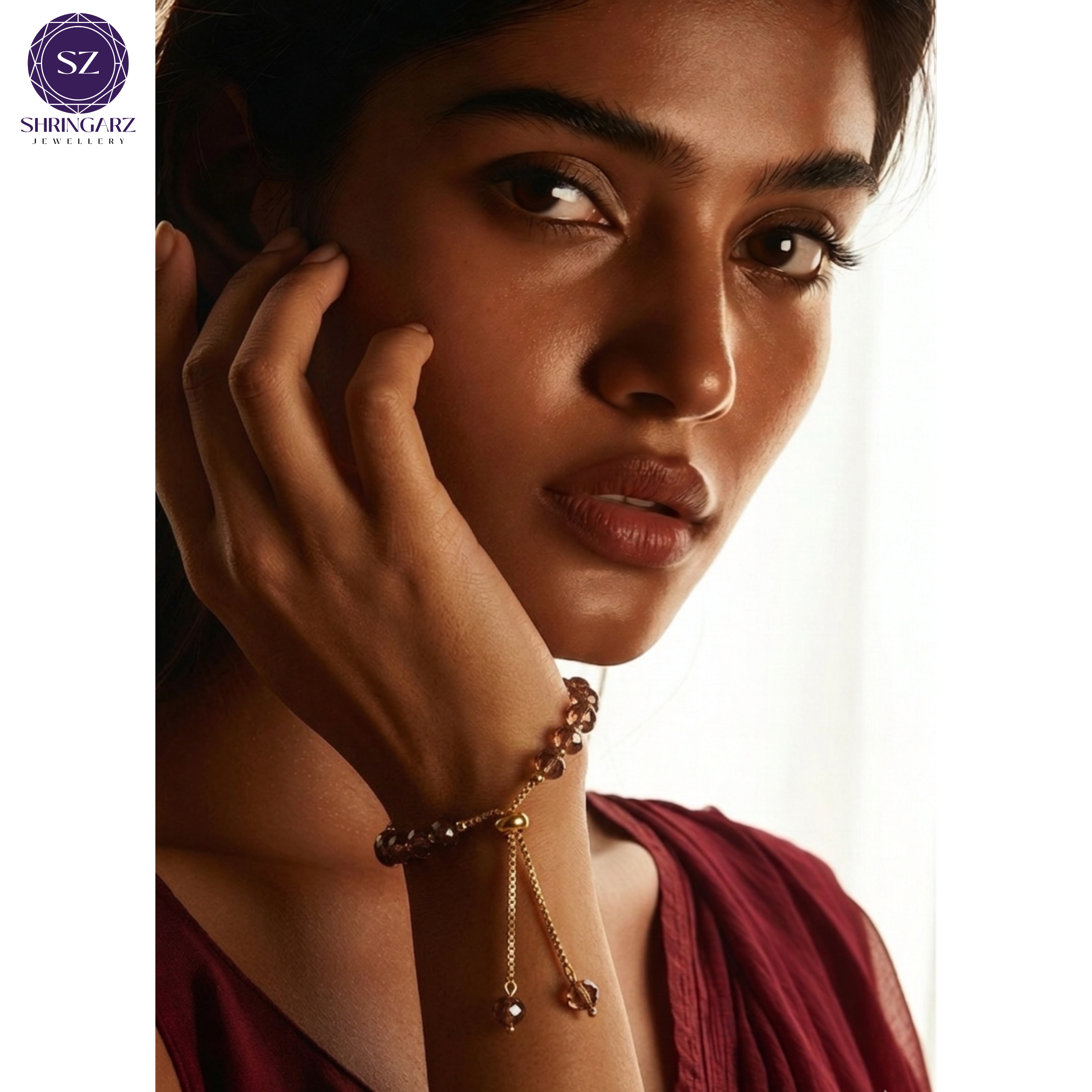 Shringarz Luxe Smoky Crystal Adjustable Bracelet for Women | Gold-Tone Beaded Fashion Jewellery