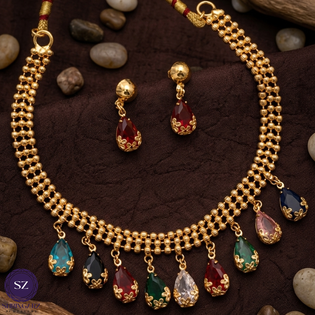 Shringarz Multicolored Teardrop Stone Necklace Set – Gold-Beaded Festive Suite
