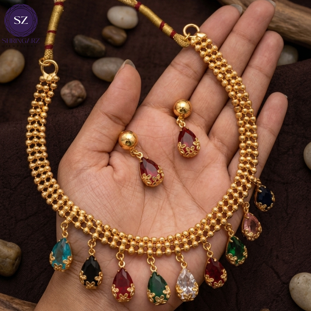 Shringarz Multicolored Teardrop Stone Necklace Set – Gold-Beaded Festive Suite