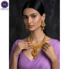 Shringarz Antique Matte Gold-Plated Nakshi Choker Set with Traditional Fan-Motif Pendant and Ruby-Emerald Accents
