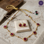 Shringarz Handcrafted Gold-Plated Mala Necklace Set with Deep Pink Cabochon Stones and Matching Round Studs