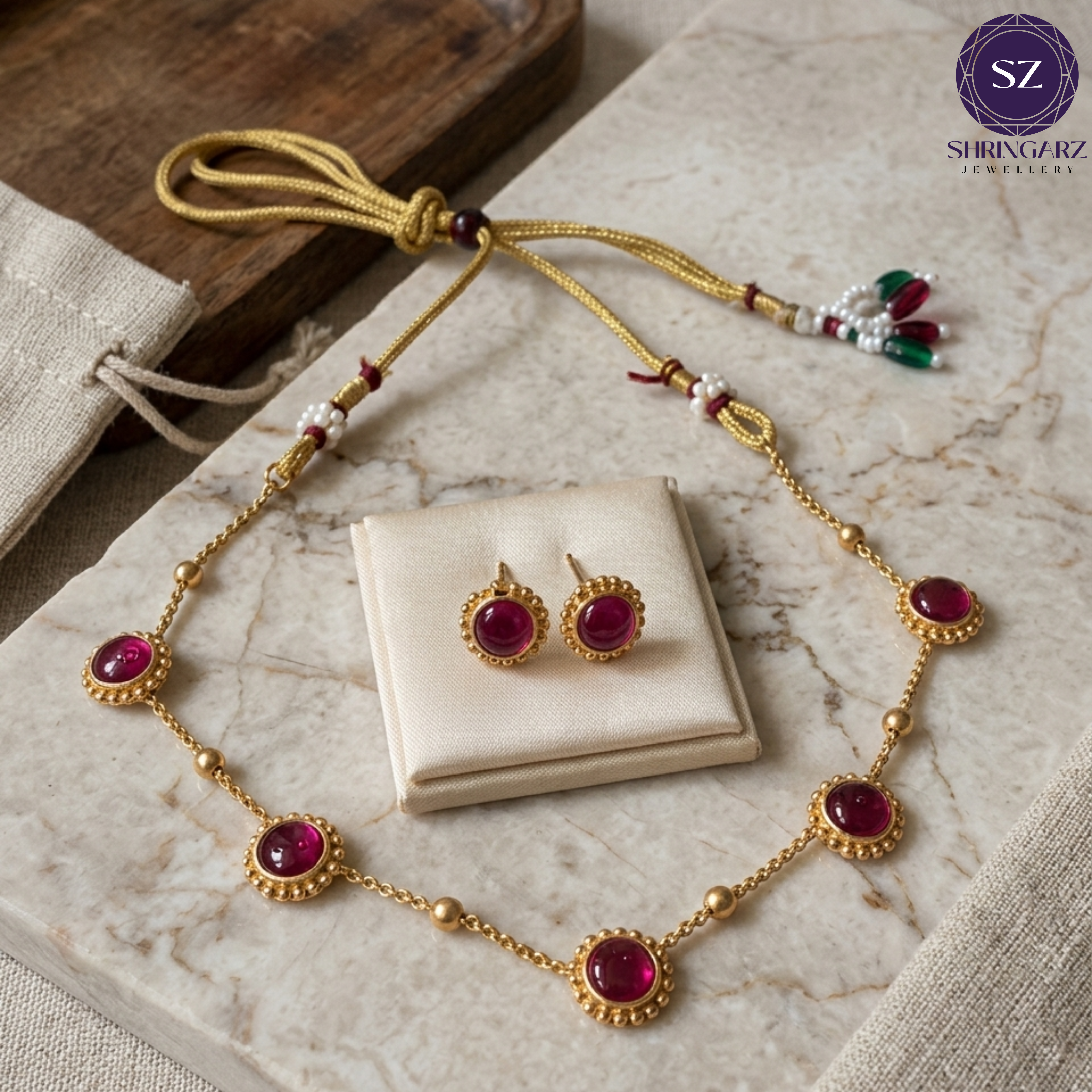Shringarz Handcrafted Gold-Plated Mala Necklace Set with Deep Pink Cabochon Stones and Matching Round Studs
