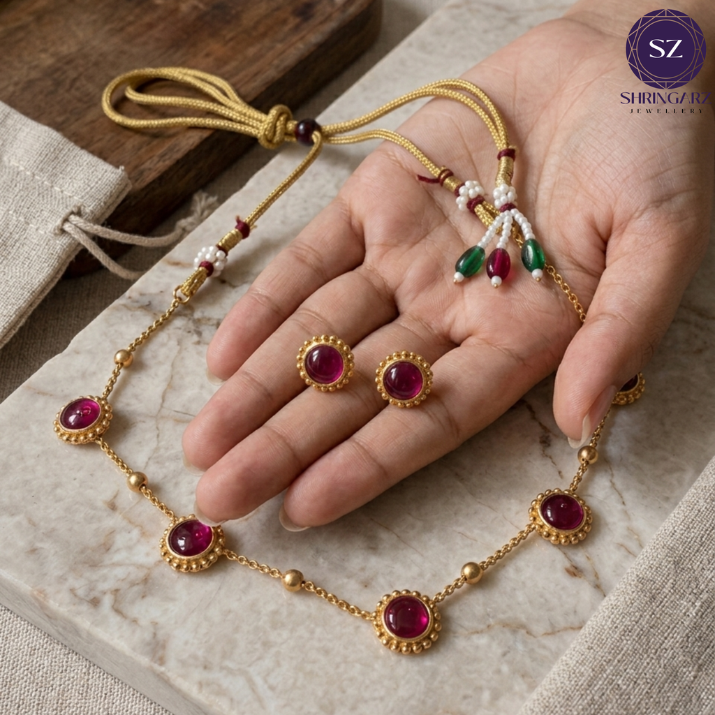 Shringarz Handcrafted Gold-Plated Mala Necklace Set with Deep Pink Cabochon Stones and Matching Round Studs