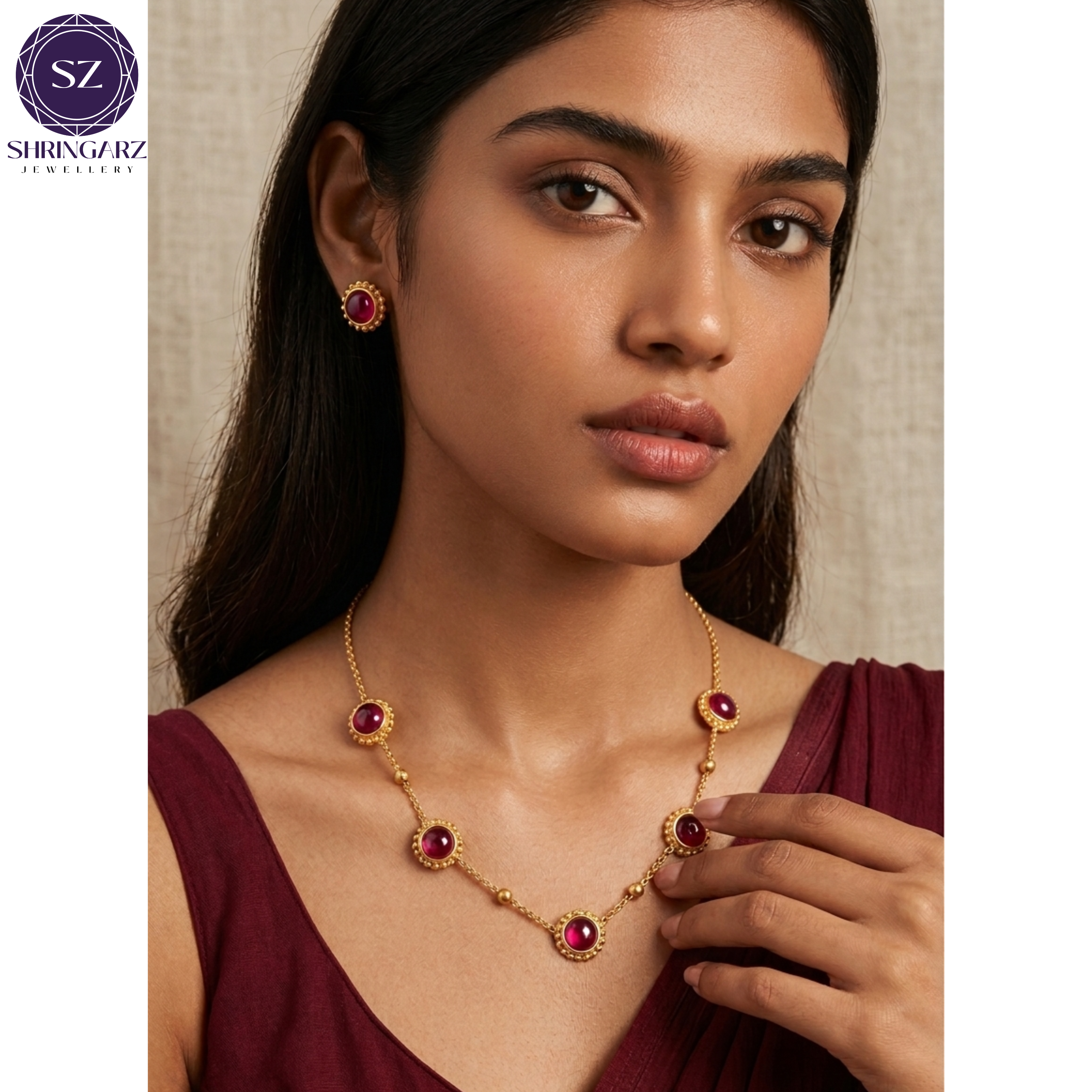 Shringarz Handcrafted Gold-Plated Mala Necklace Set with Deep Pink Cabochon Stones and Matching Round Studs