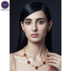 Shringarz Handcrafted Gold-Plated Mala Necklace Set with Deep Pink Cabochon Stones and Matching Round Studs