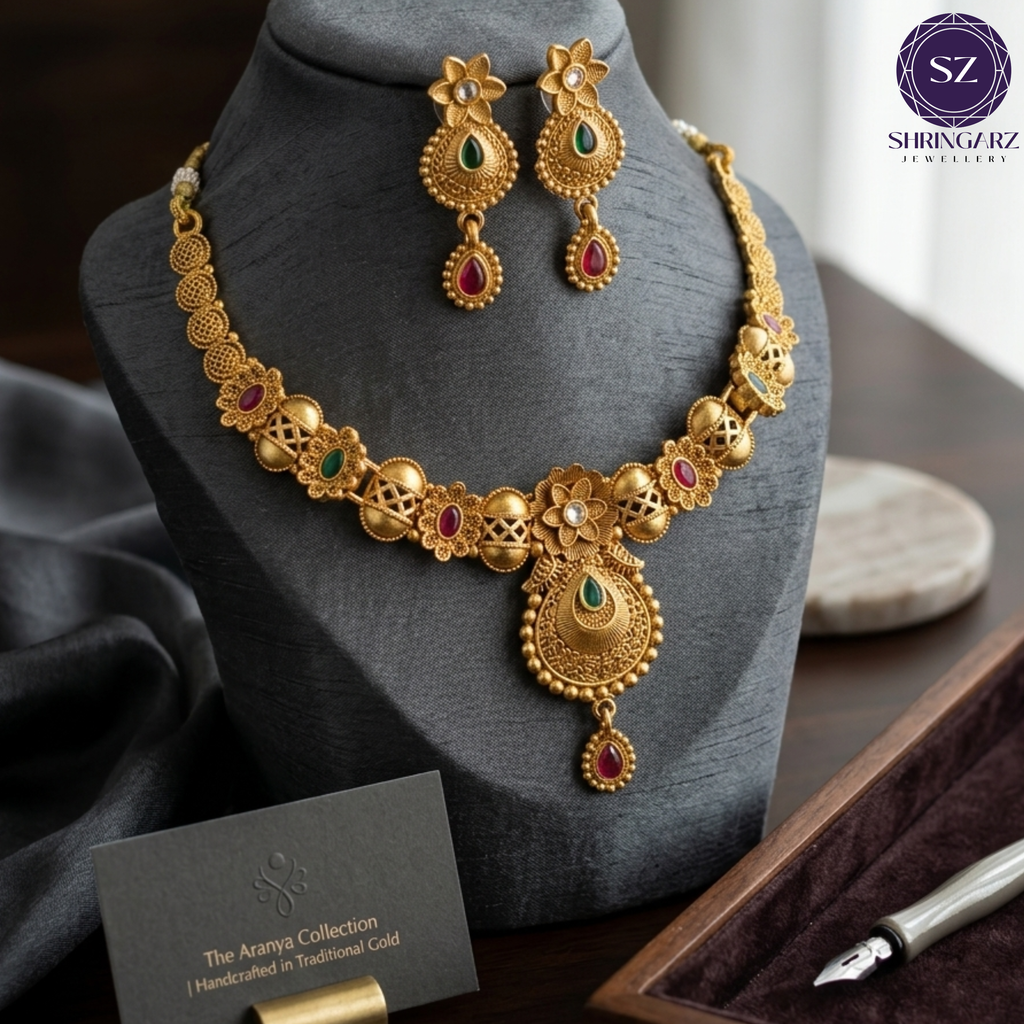 Shringarz Regal Pink Stone & Pearl Mala Combo Set – Antique Gold Plated Choker and Layered Pearl Necklace with Jhumka Earrings