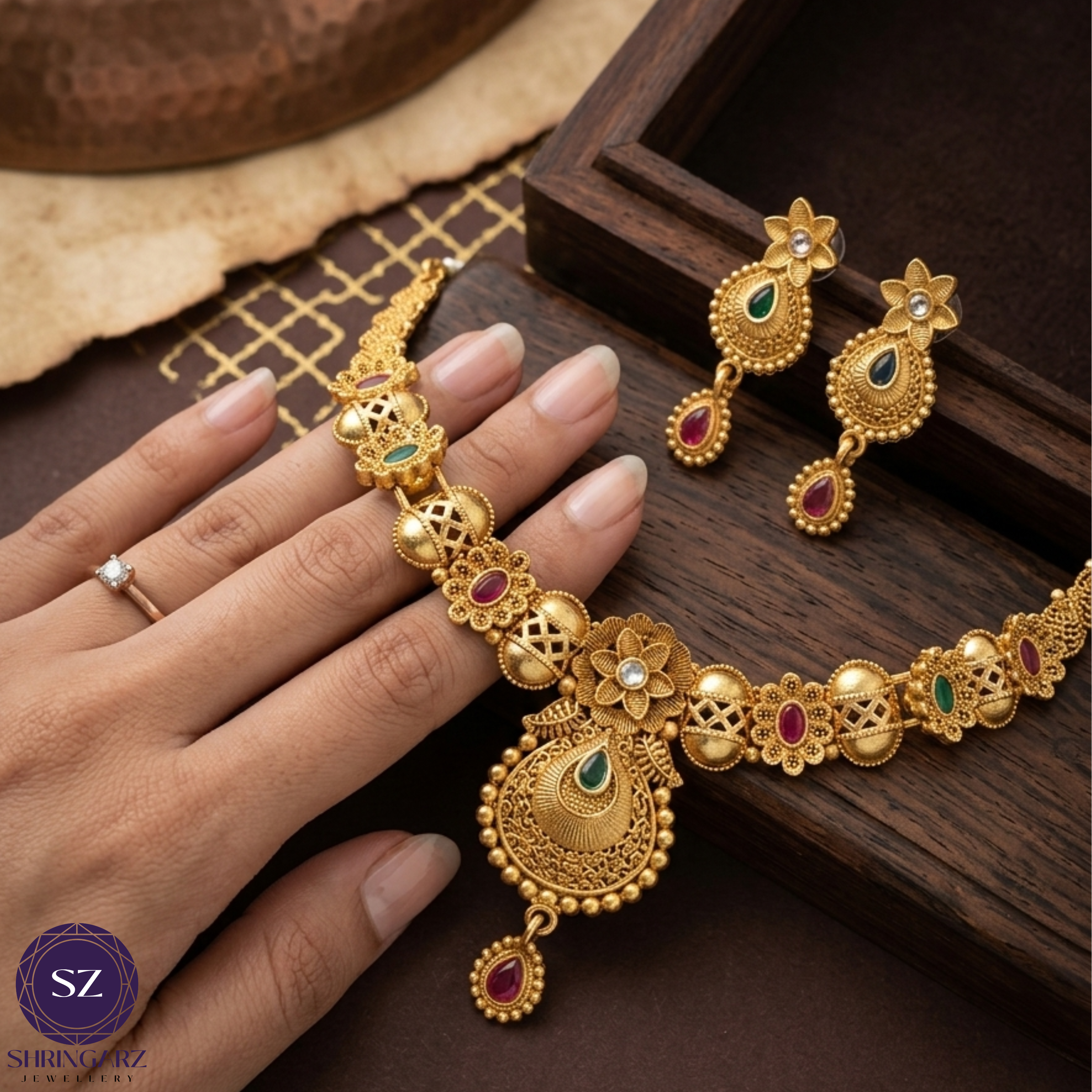 Shringarz Regal Pink Stone & Pearl Mala Combo Set – Antique Gold Plated Choker and Layered Pearl Necklace with Jhumka Earrings