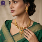 Shringarz Regal Pink Stone & Pearl Mala Combo Set – Antique Gold Plated Choker and Layered Pearl Necklace with Jhumka Earrings