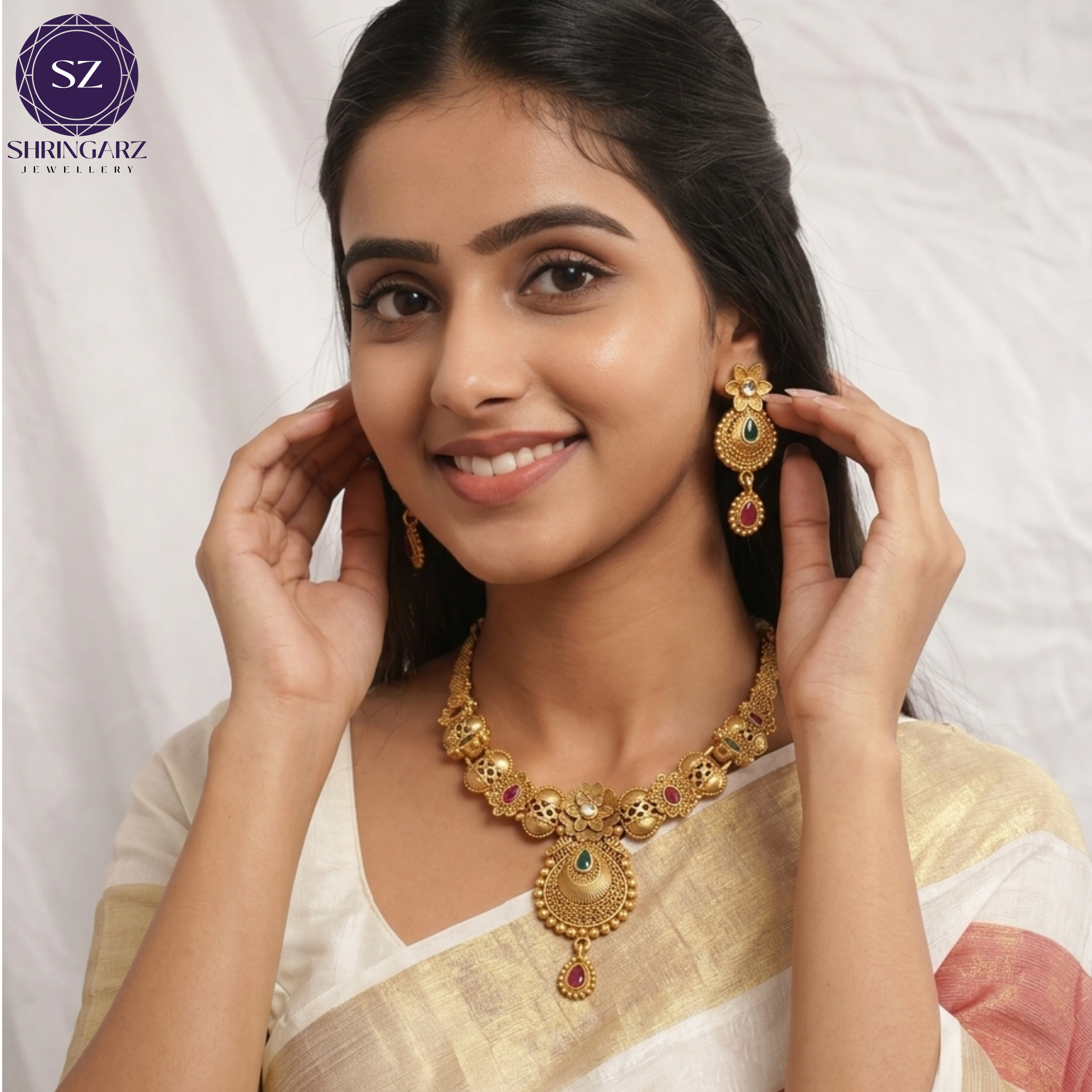 Shringarz Regal Pink Stone & Pearl Mala Combo Set – Antique Gold Plated Choker and Layered Pearl Necklace with Jhumka Earrings