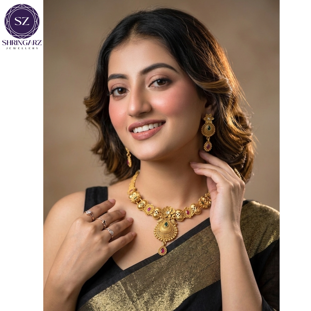 Shringarz Regal Pink Stone & Pearl Mala Combo Set – Antique Gold Plated Choker and Layered Pearl Necklace with Jhumka Earrings