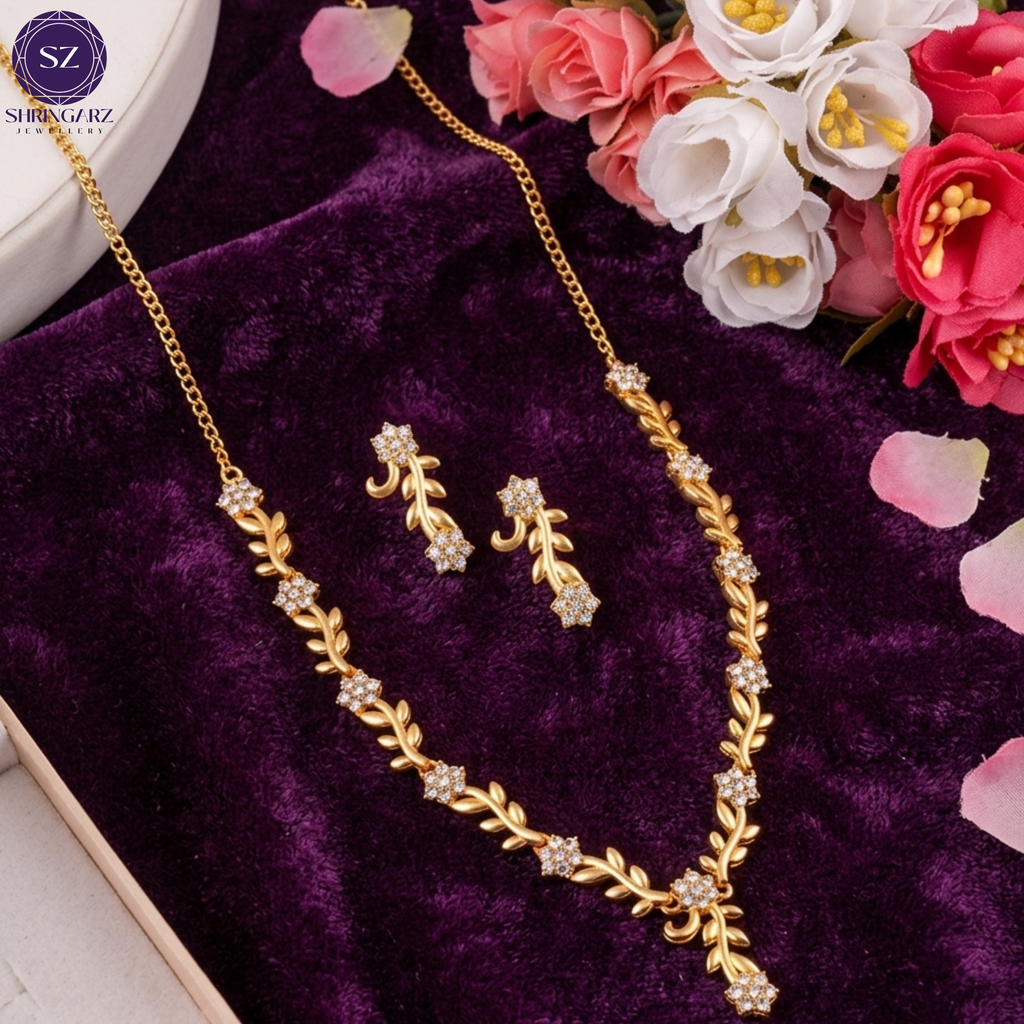 Shringarz Elegant Gold-Plated Floral Necklace & Earrings Set for Women | Crystal Studded Fashion Jewellery