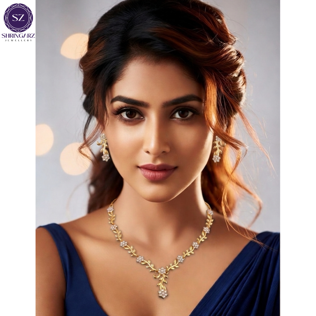 Shringarz Elegant Gold-Plated Floral Necklace & Earrings Set for Women | Crystal Studded Fashion Jewellery