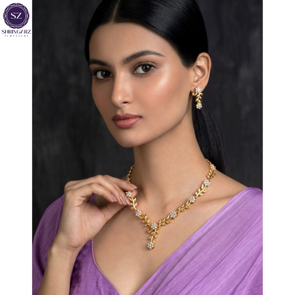 Shringarz Elegant Gold-Plated Floral Necklace & Earrings Set for Women | Crystal Studded Fashion Jewellery