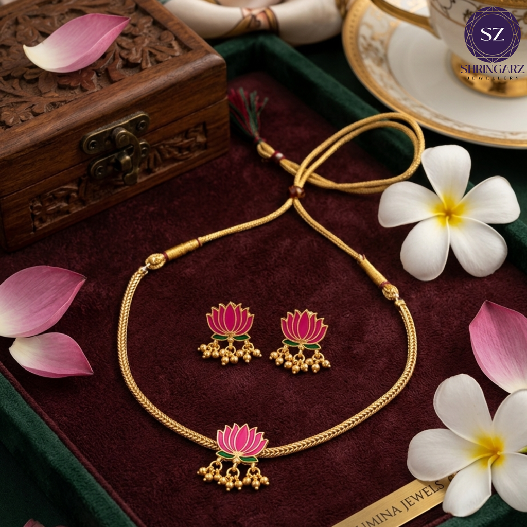 Shringarz Traditional Lotus Design Choker Necklace Set for Women | Gold-Plated Pink Floral Ethnic Jewellery