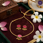 Shringarz Traditional Lotus Design Choker Necklace Set for Women | Gold-Plated Pink Floral Ethnic Jewellery