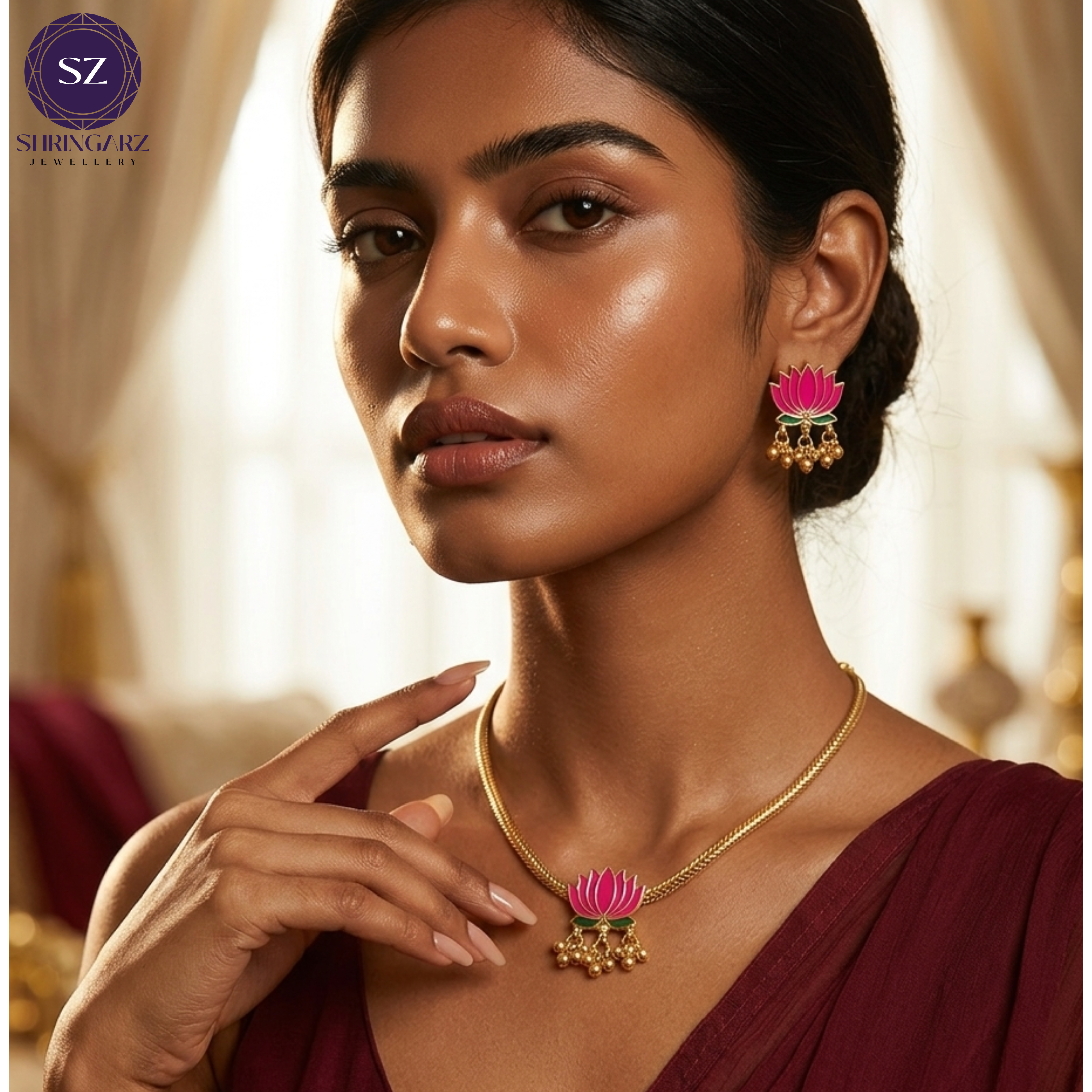 Shringarz Traditional Lotus Design Choker Necklace Set for Women | Gold-Plated Pink Floral Ethnic Jewellery