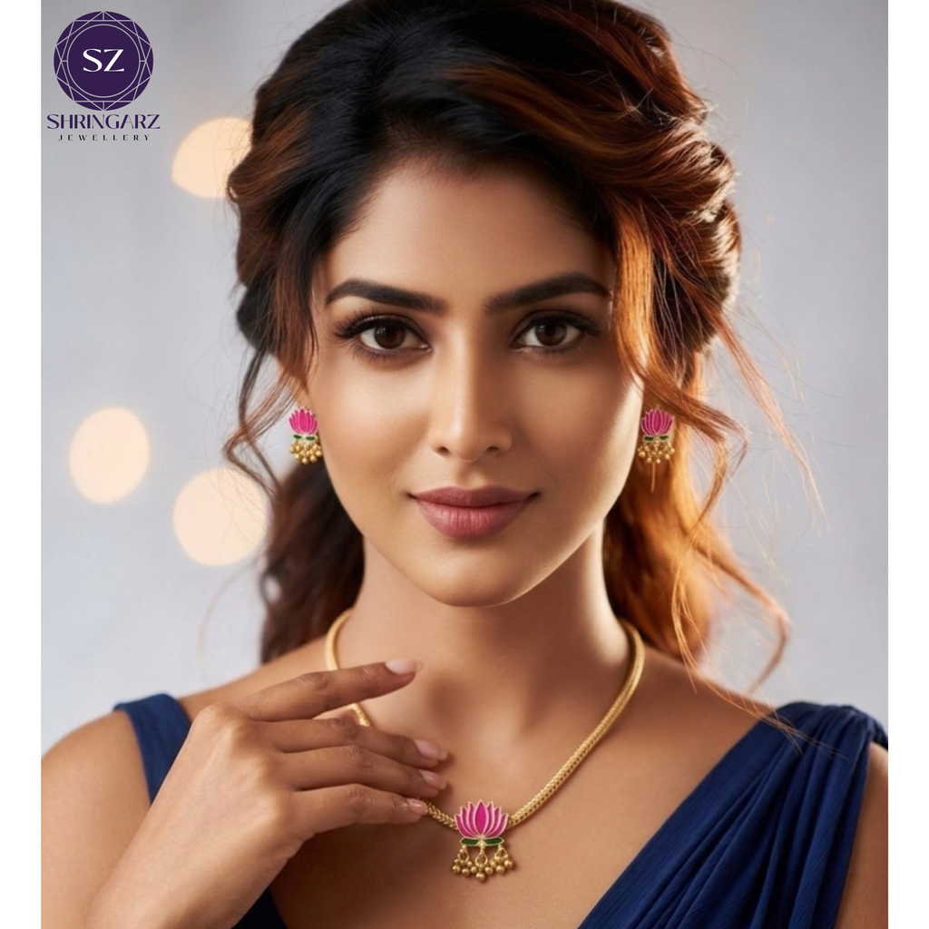 Shringarz Traditional Lotus Design Choker Necklace Set for Women | Gold-Plated Pink Floral Ethnic Jewellery