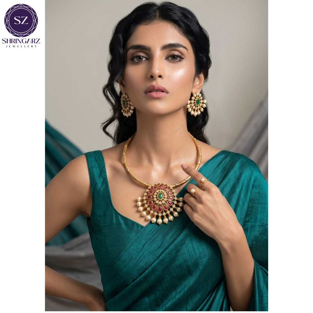 Shringarz Royal Kundan Pearl Pendant Necklace Set for Women | Gold-Plated Traditional Ethnic Jewellery