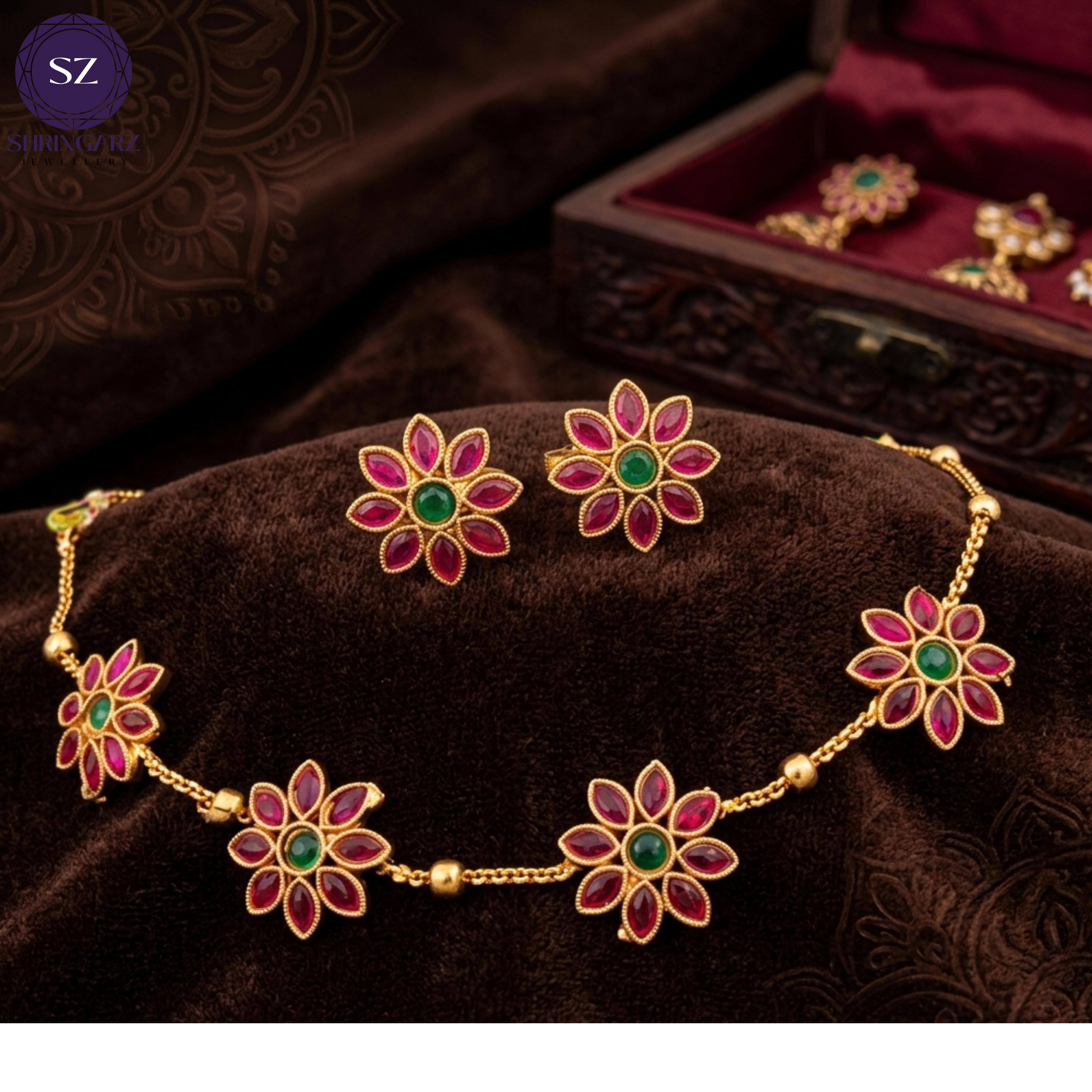 Shringarz Floral Ruby & Emerald Stone Necklace Set for Women | Gold-Plated Traditional Imitation Jewellery