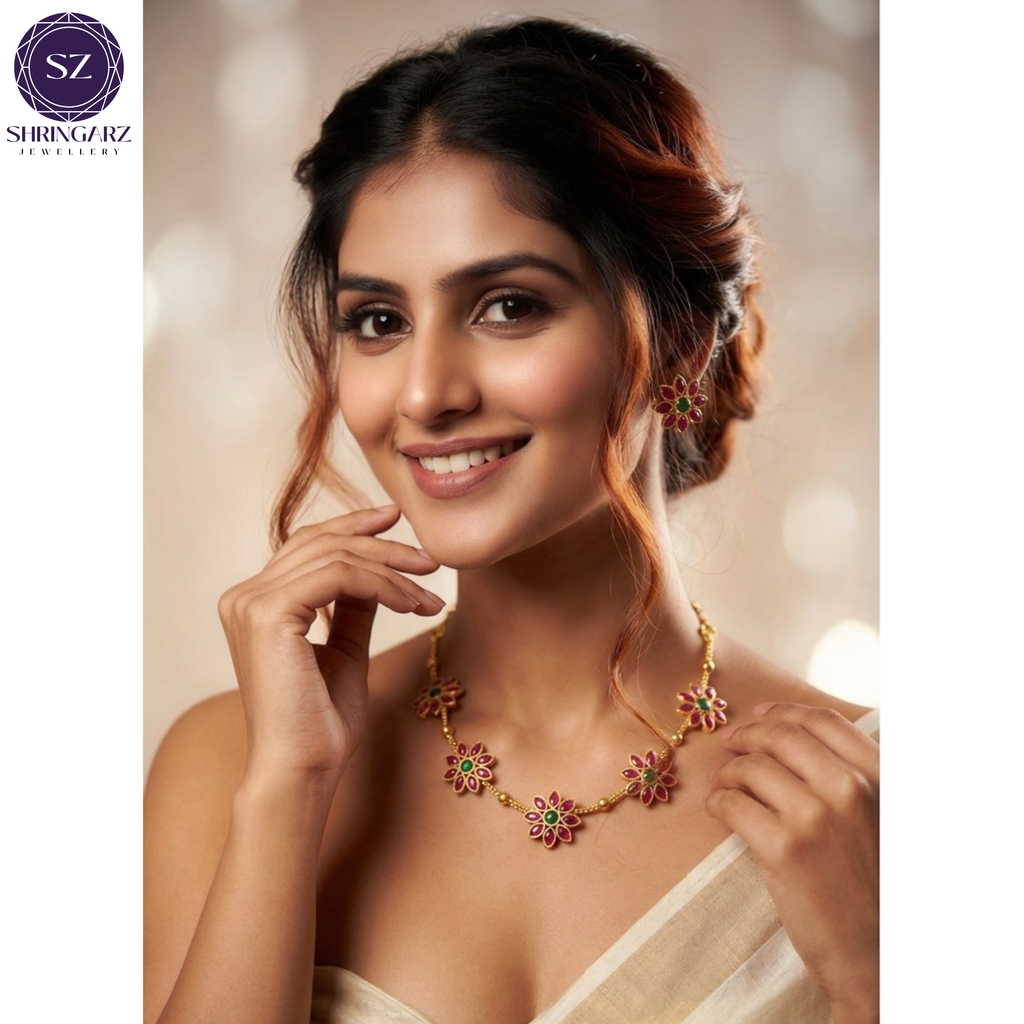 Shringarz Floral Ruby & Emerald Stone Necklace Set for Women | Gold-Plated Traditional Imitation Jewellery
