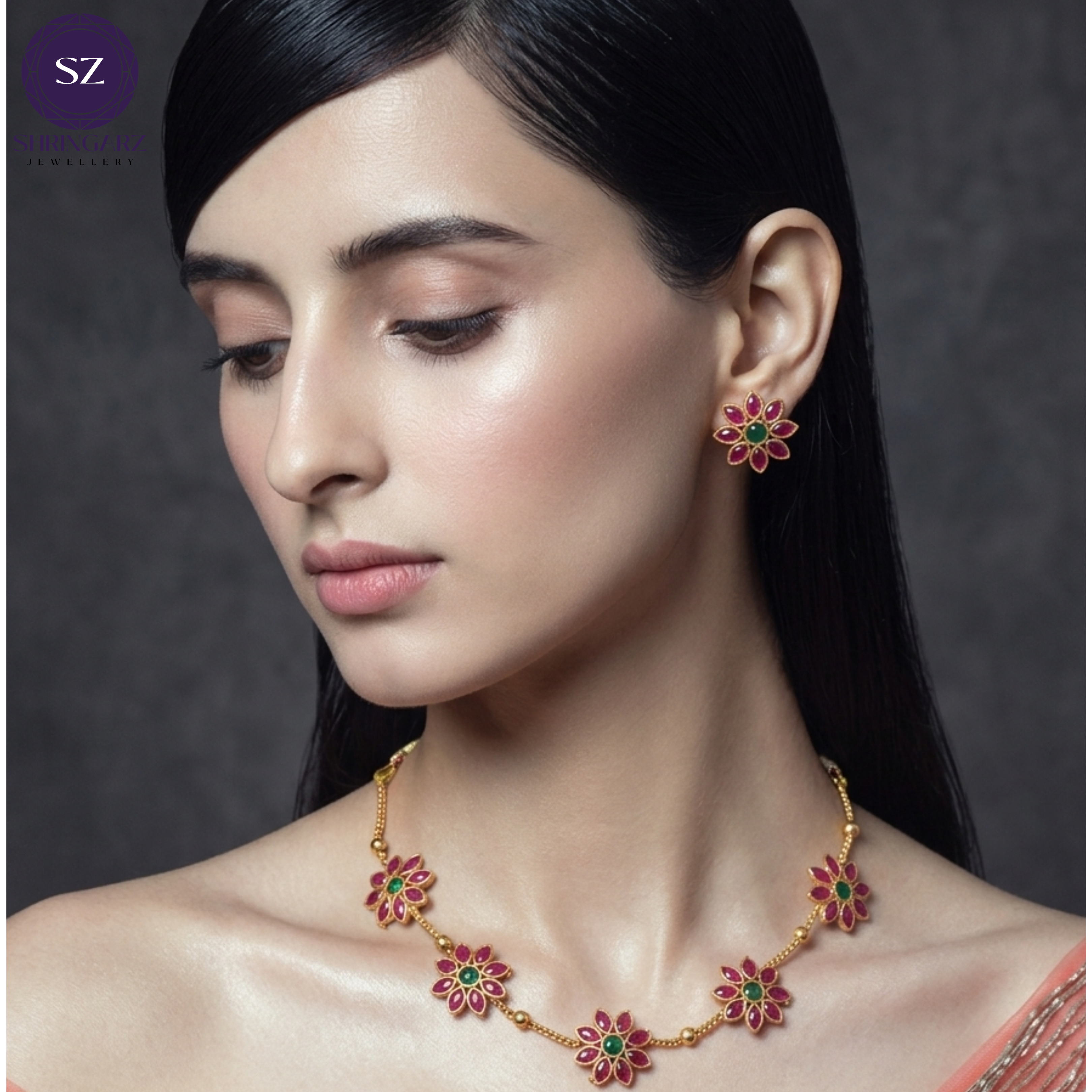 Shringarz Floral Ruby & Emerald Stone Necklace Set for Women | Gold-Plated Traditional Imitation Jewellery