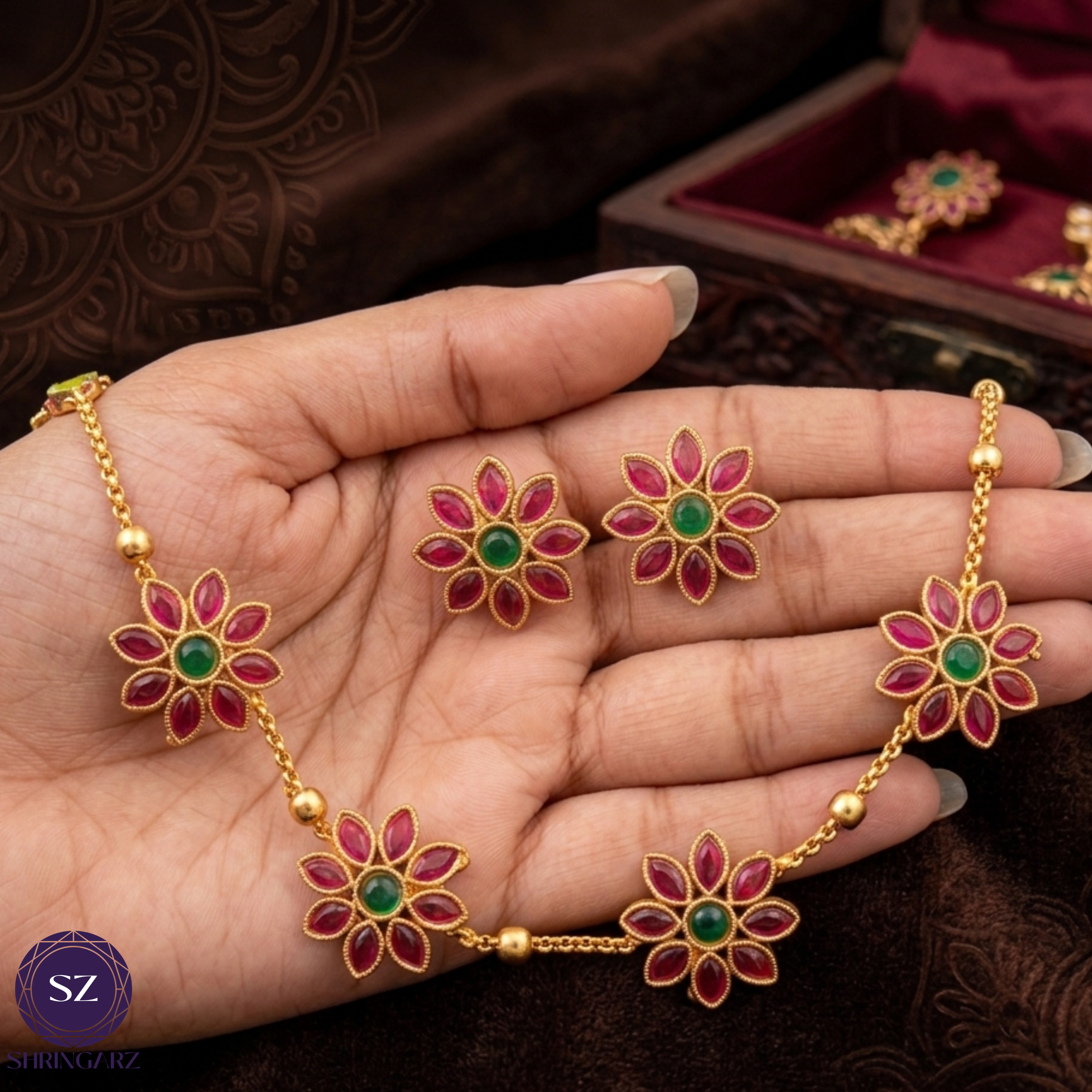 Shringarz Floral Ruby & Emerald Stone Necklace Set for Women | Gold-Plated Traditional Imitation Jewellery