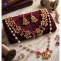 Shringarz Regal Pink Stone & Pearl Polki Necklace Set with Matching Jhumkas