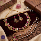 Shringarz Regal Pink Stone & Pearl Polki Necklace Set with Matching Jhumkas