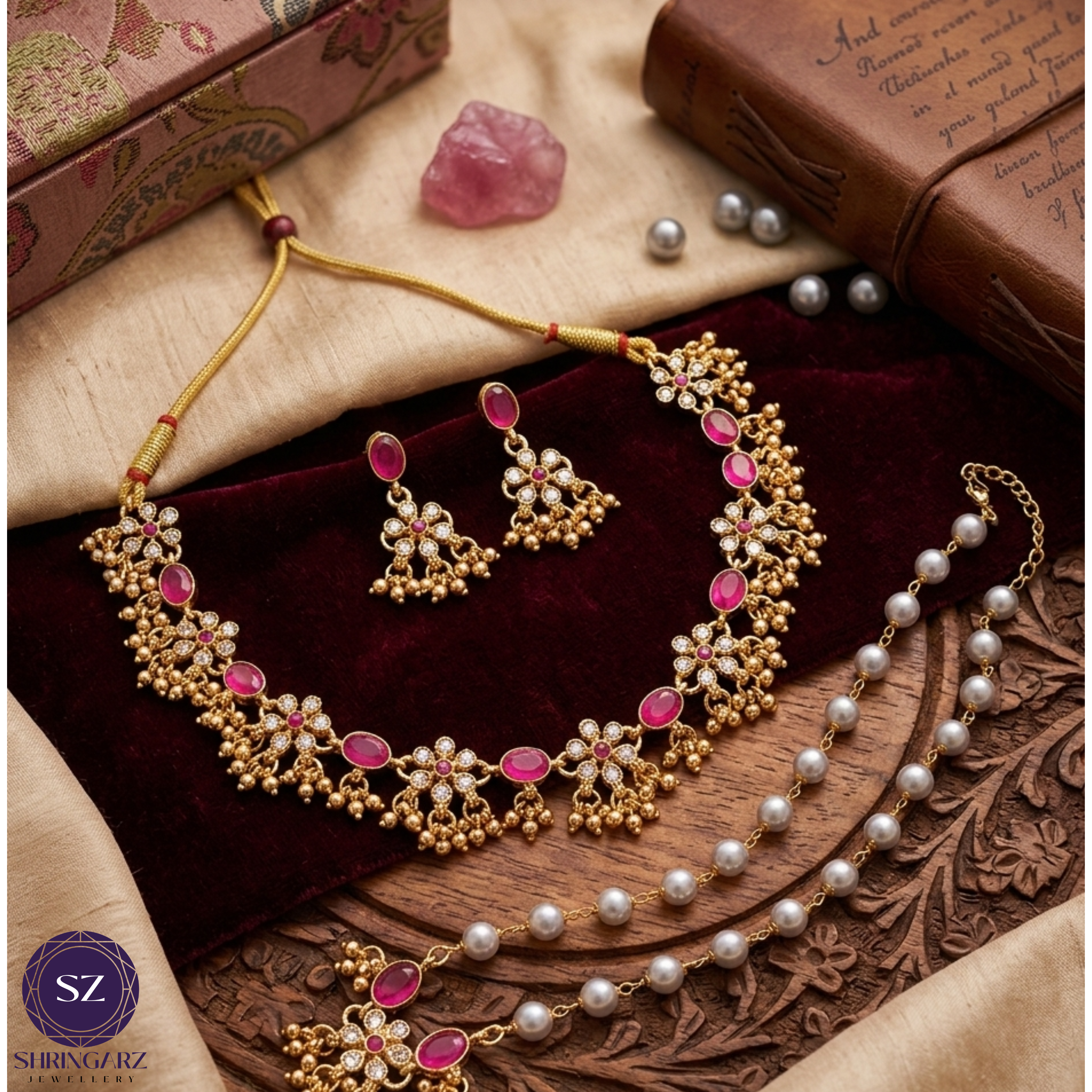 Shringarz Regal Pink Stone & Pearl Polki Necklace Set with Matching Jhumkas