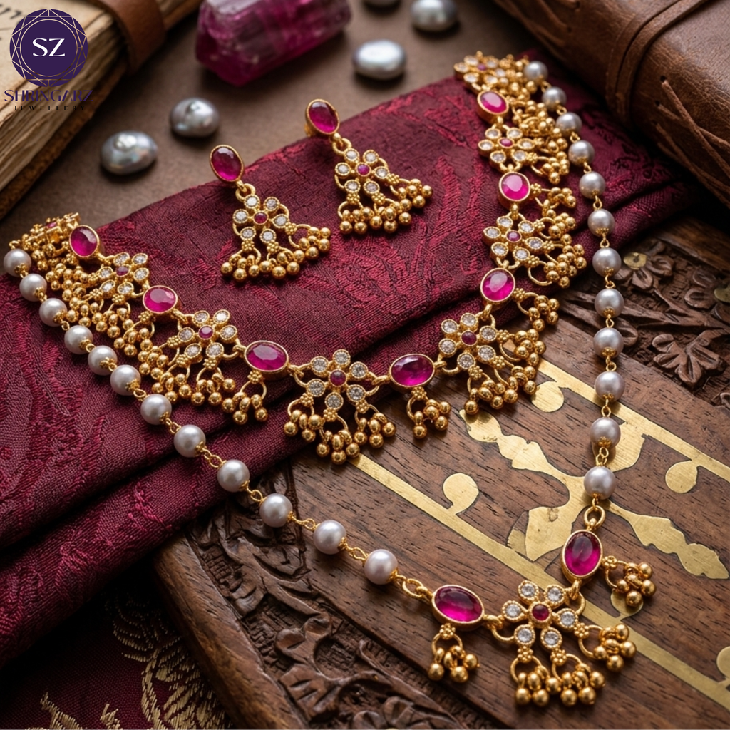 Shringarz Regal Pink Stone & Pearl Polki Necklace Set with Matching Jhumkas