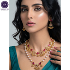 Shringarz Regal Pink Stone & Pearl Polki Necklace Set with Matching Jhumkas
