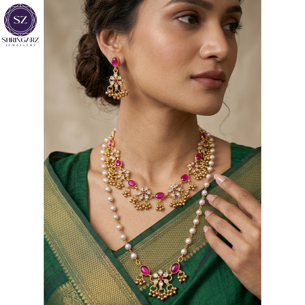 Shringarz Regal Pink Stone & Pearl Polki Necklace Set with Matching Jhumkas