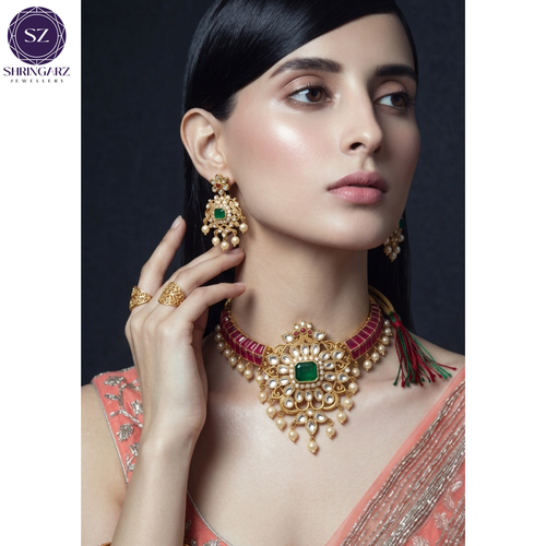 Shringarz Antique Gold-Plated Navratna-Style Choker Set with Emerald & Ruby Accents