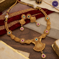 Shringarz Antique Matte Gold Fan-Pendant Necklace Set with Ruby & Emerald Accents