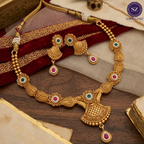 Shringarz Antique Matte Gold Fan-Pendant Necklace Set with Ruby & Emerald Accents