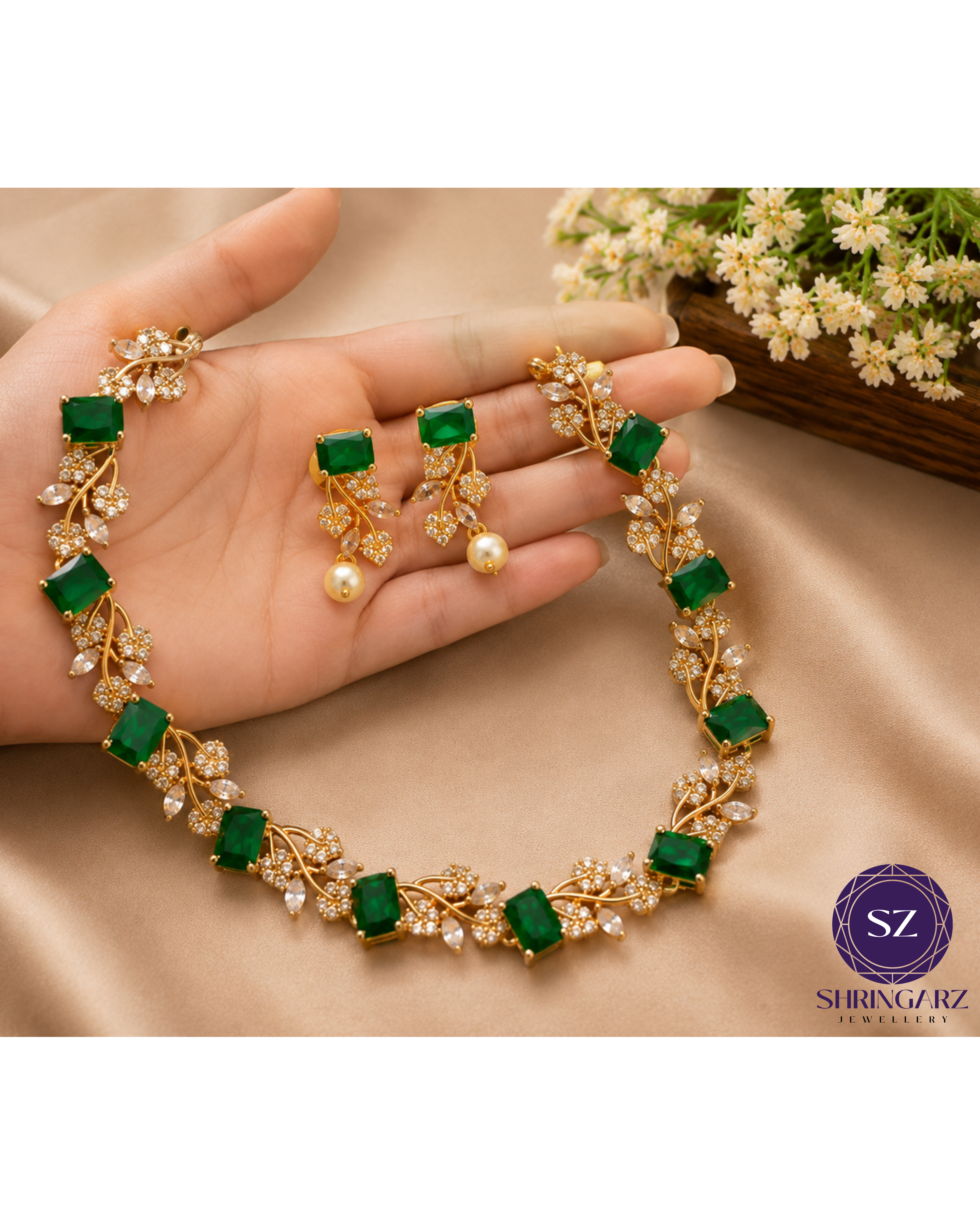 Shringarz Royal Emerald Green Cut-Stone Choker Set – Gold-Plated Crystal Vine Necklace with Matching Pearl Drop Earrings