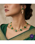 Shringarz Royal Emerald Green Cut-Stone Choker Set – Gold-Plated Crystal Vine Necklace with Matching Pearl Drop Earrings