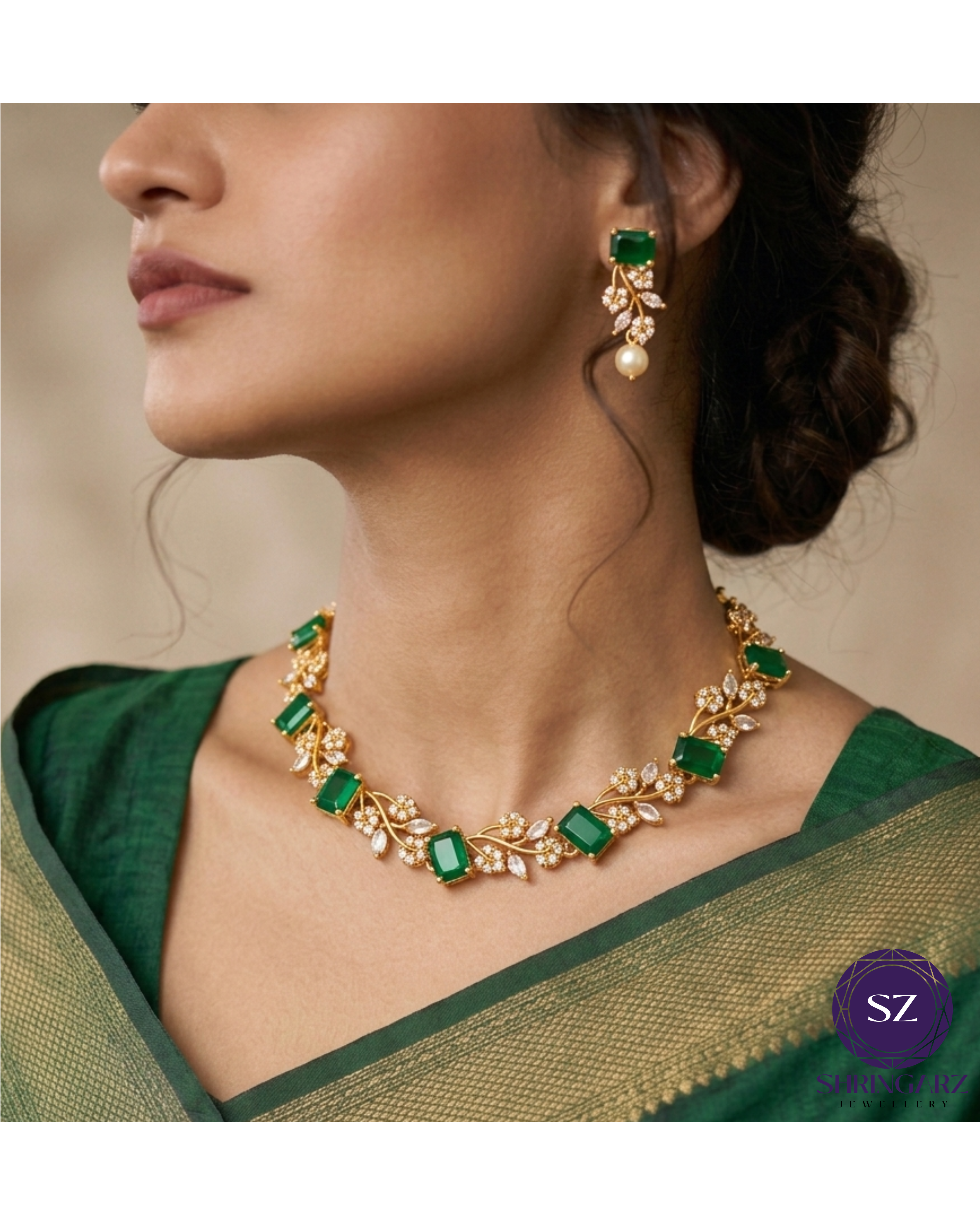 Shringarz Royal Emerald Green Cut-Stone Choker Set – Gold-Plated Crystal Vine Necklace with Matching Pearl Drop Earrings