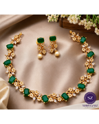 Shringarz Royal Emerald Green Cut-Stone Choker Set – Gold-Plated Crystal Vine Necklace with Matching Pearl Drop Earrings