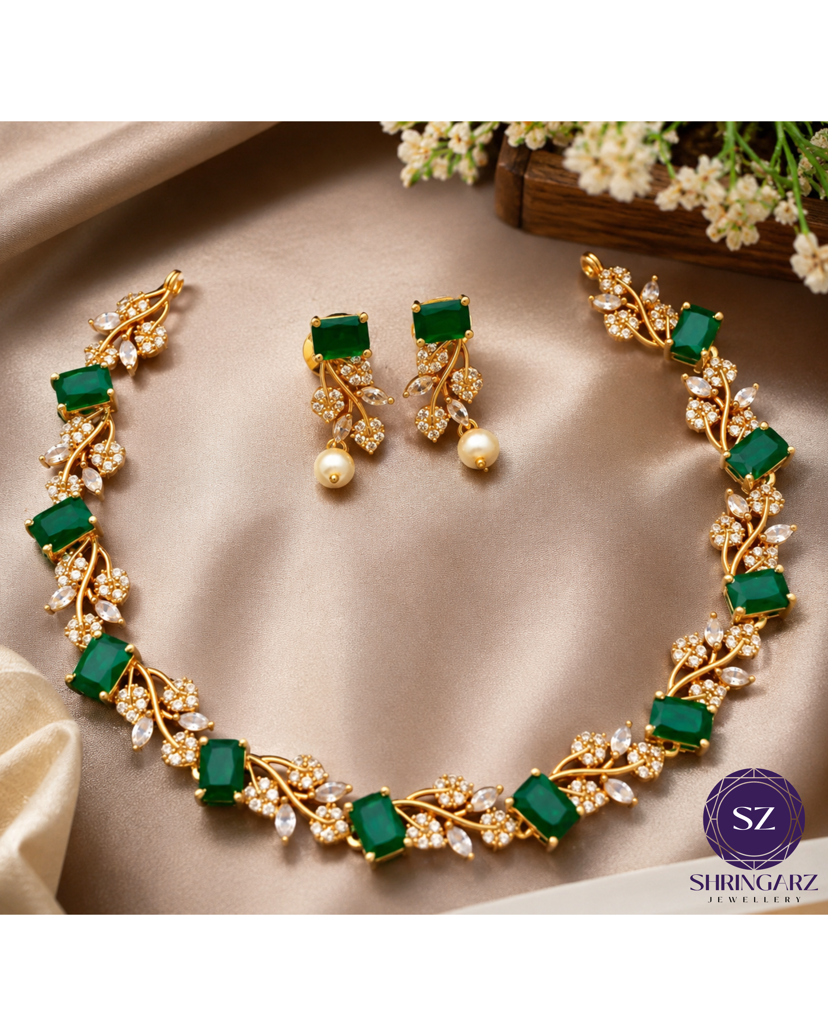 Shringarz Royal Emerald Green Cut-Stone Choker Set – Gold-Plated Crystal Vine Necklace with Matching Pearl Drop Earrings