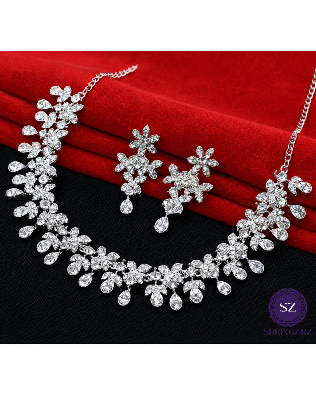 Shringarz Luxury Silver-Plated Cubic Zirconia Floral Choker Set – Cascading Teardrop Crystal Bridal Necklace with Matching Drop Earrings