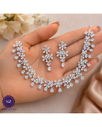 Shringarz Luxury Silver-Plated Cubic Zirconia Floral Choker Set – Cascading Teardrop Crystal Bridal Necklace with Matching Drop Earrings