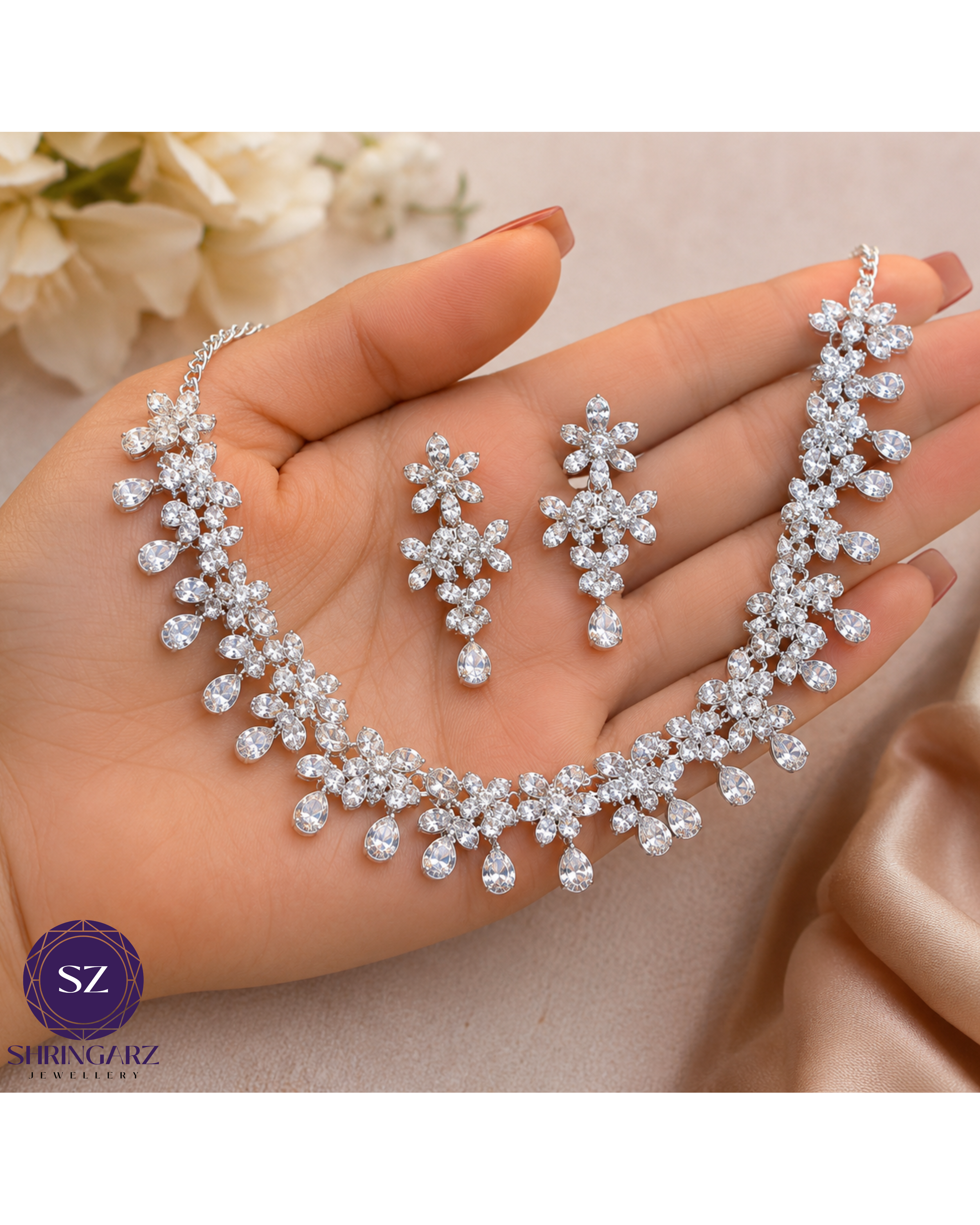Shringarz Luxury Silver-Plated Cubic Zirconia Floral Choker Set – Cascading Teardrop Crystal Bridal Necklace with Matching Drop Earrings