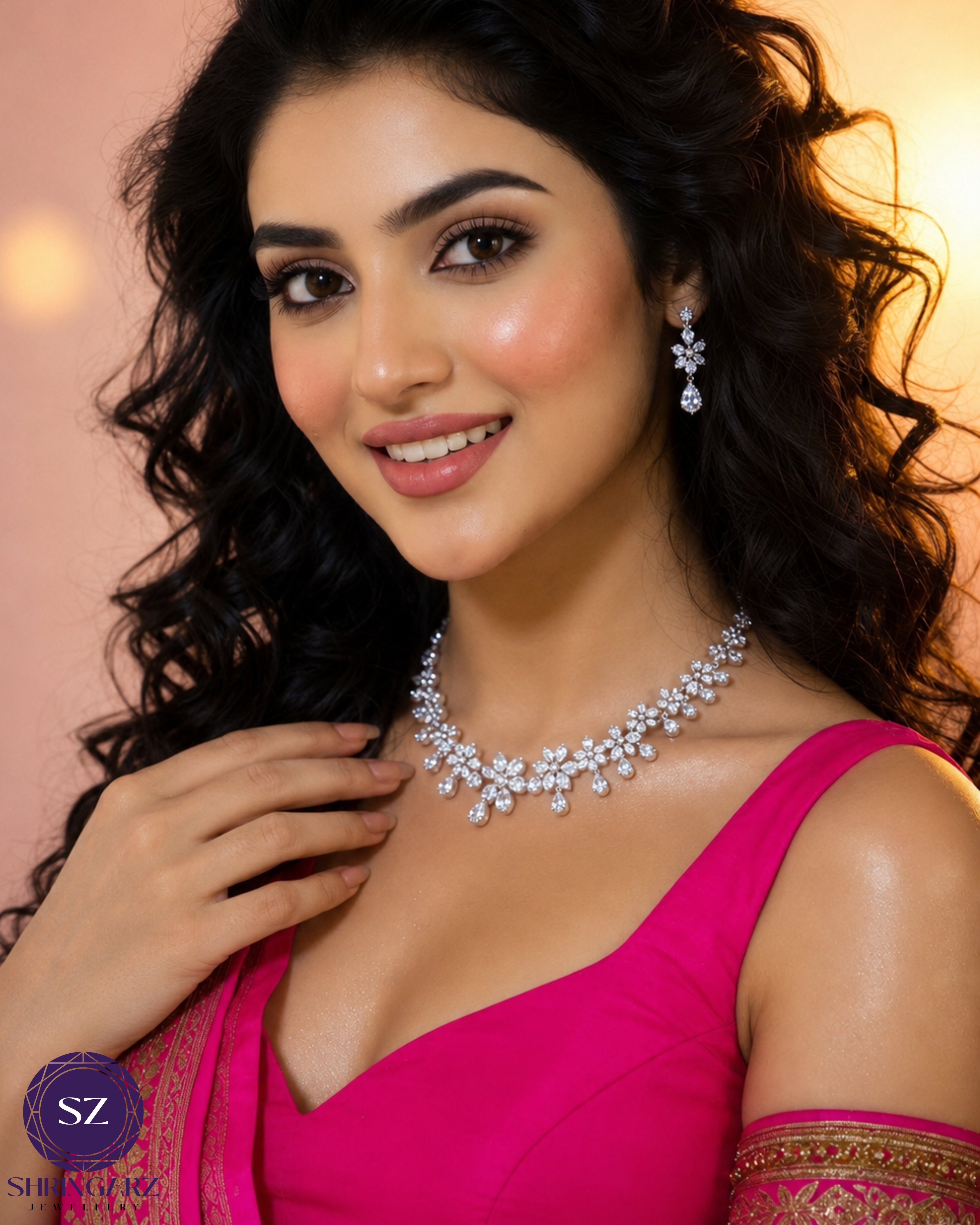 Shringarz Luxury Silver-Plated Cubic Zirconia Floral Choker Set – Cascading Teardrop Crystal Bridal Necklace with Matching Drop Earrings