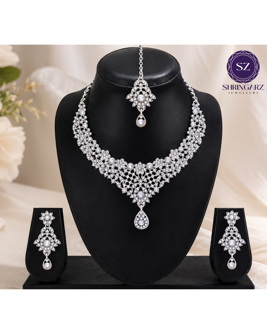 Shringarz Luxury Silver-Plated Cubic Zirconia Bridal Necklace Set – Intricate Lace Choker with Matching Drop Earrings and Maang Tikka Combo