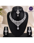 Shringarz Luxury Silver-Plated Cubic Zirconia Bridal Necklace Set – Intricate Lace Choker with Matching Drop Earrings and Maang Tikka Combo
