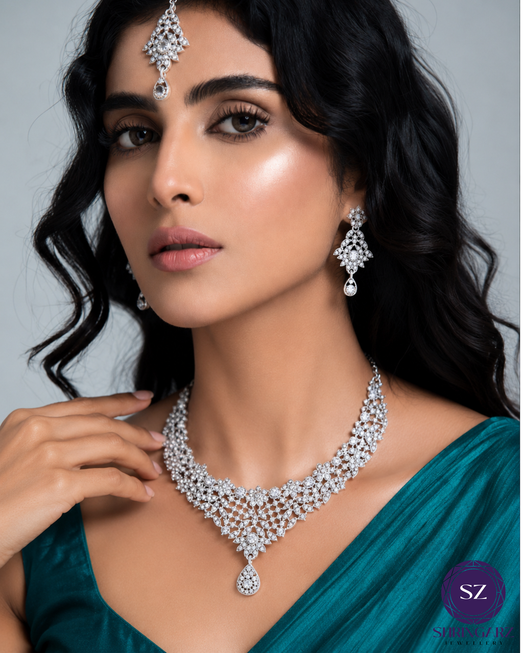 Shringarz Luxury Silver-Plated Cubic Zirconia Bridal Necklace Set – Intricate Lace Choker with Matching Drop Earrings and Maang Tikka Combo