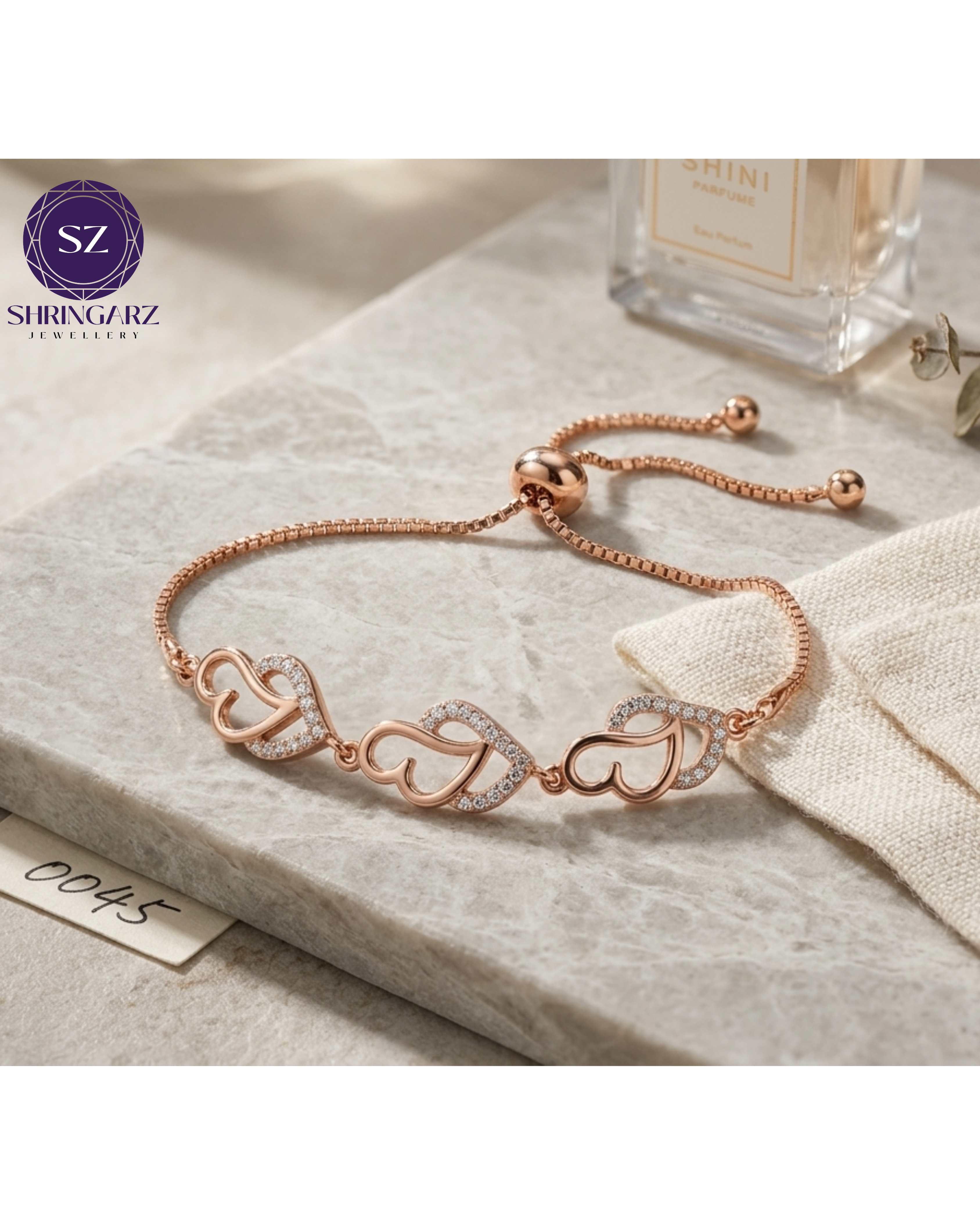 Shringarz Luxury 18K Rose Gold-Plated Interlocking Heart Slider Bracelet – Adjustable Cubic Zirconia Micropavé Charm Bracelet for Women