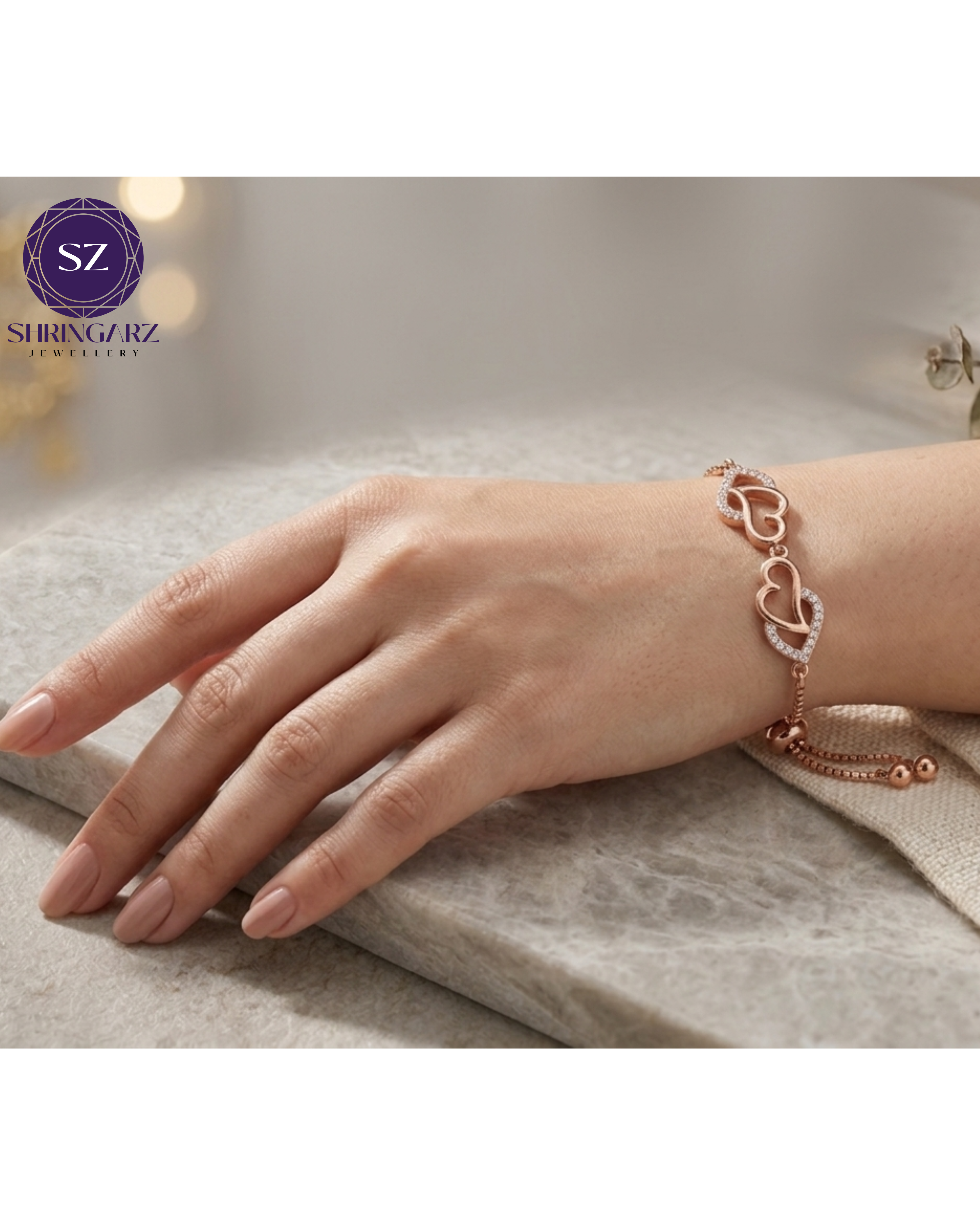 Shringarz Luxury 18K Rose Gold-Plated Interlocking Heart Slider Bracelet – Adjustable Cubic Zirconia Micropavé Charm Bracelet for Women
