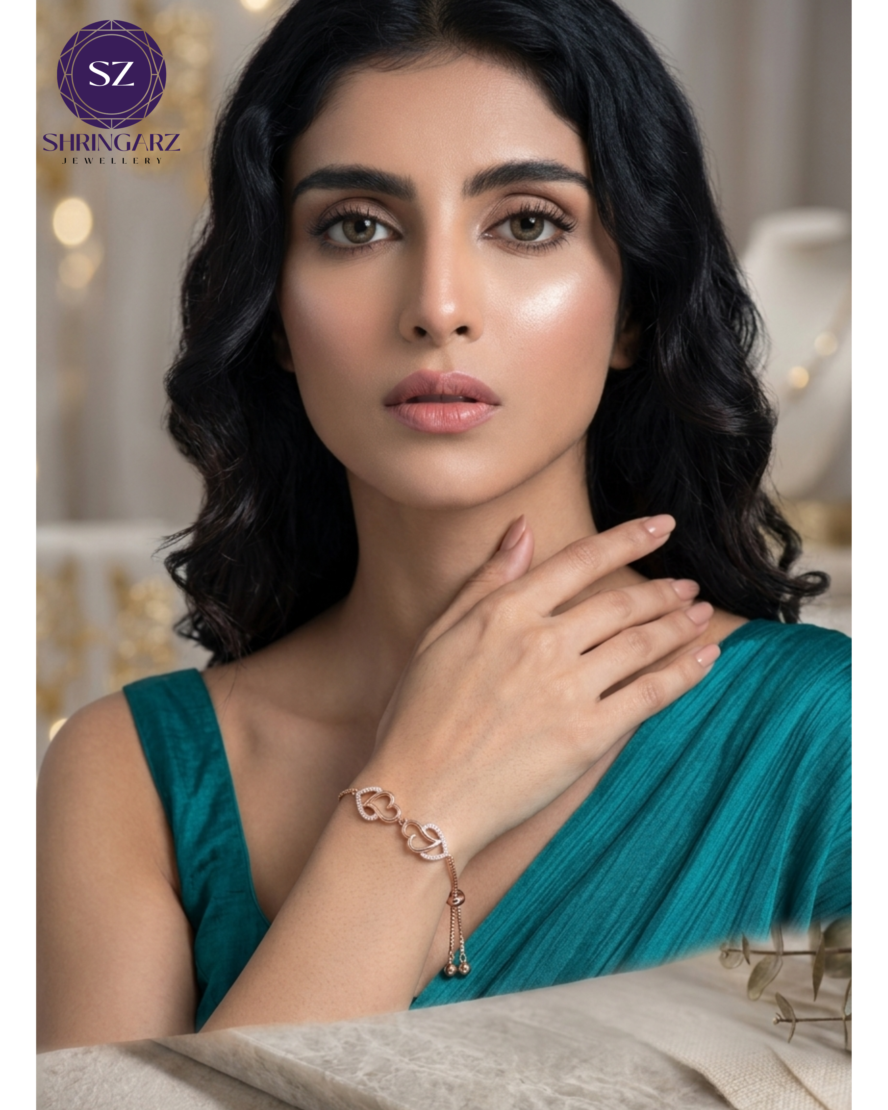 Shringarz Luxury 18K Rose Gold-Plated Interlocking Heart Slider Bracelet – Adjustable Cubic Zirconia Micropavé Charm Bracelet for Women